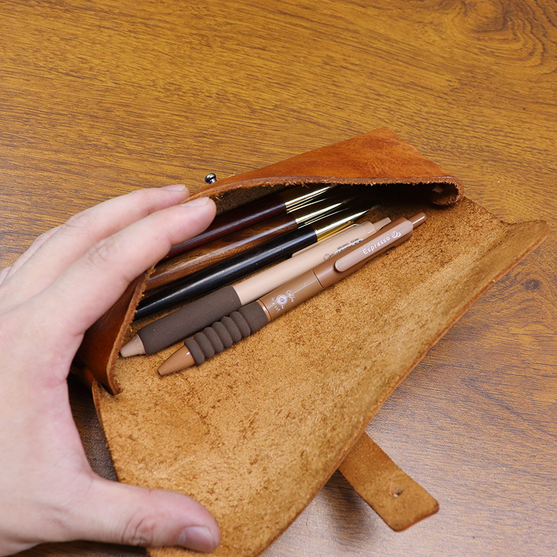 Tan Stationery & Office Supply - 빈티지 베지터블 태닝 가죽 한국식 필통
