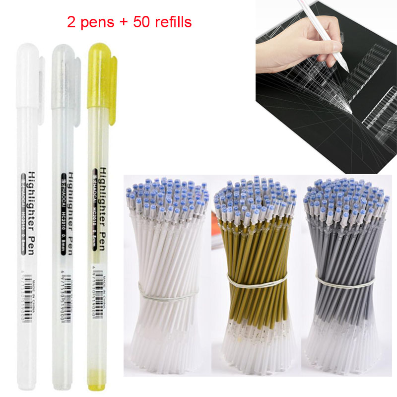 Gel Ink Pen Set - 2pc + 50pcs 리필/세트, 골드/화이트/실버 드로잉